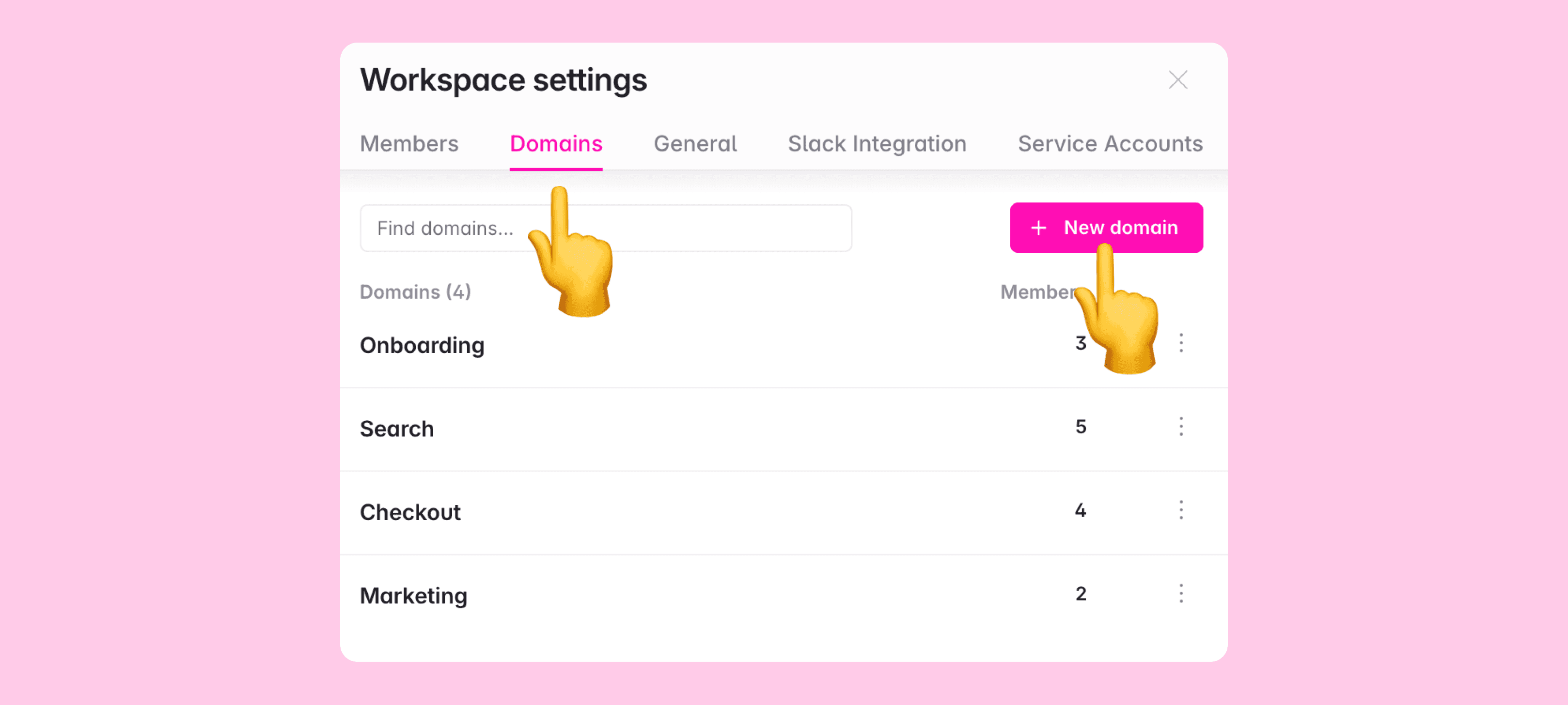 Screenshot of the domains section in the workspace settings modal where you can create a new domain