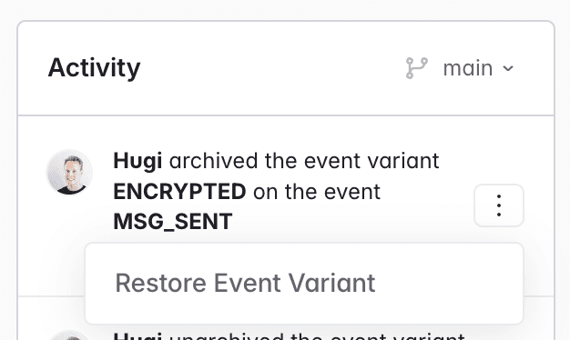 Screenshot of the option to restore an event variant from the workspace overview activity log